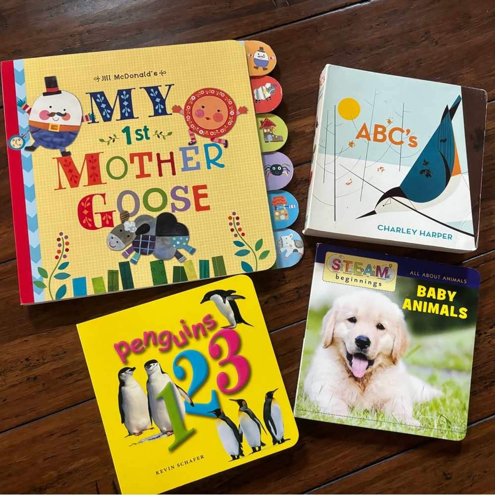 Lot of 4 infant and baby board books, animals, numbers, nursery rhymes.